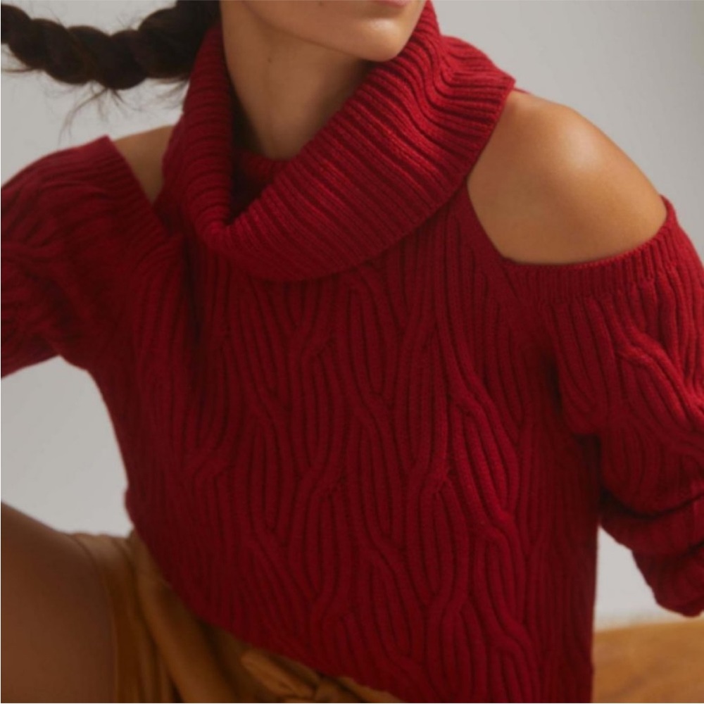 Anthropologie Open-Shoulder red Turtleneck knit sweater XL